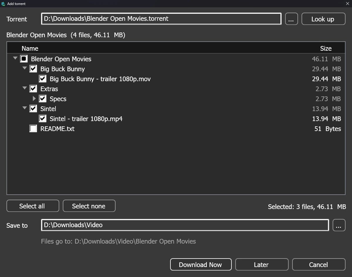 The Add torrent window: a folder tree with a checkbox at every level.
