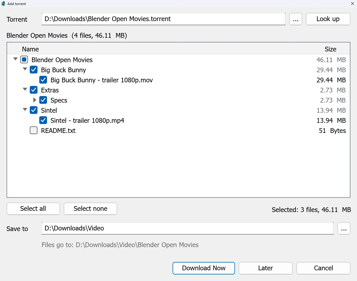 The Add torrent window: a folder tree with a checkbox at every level.