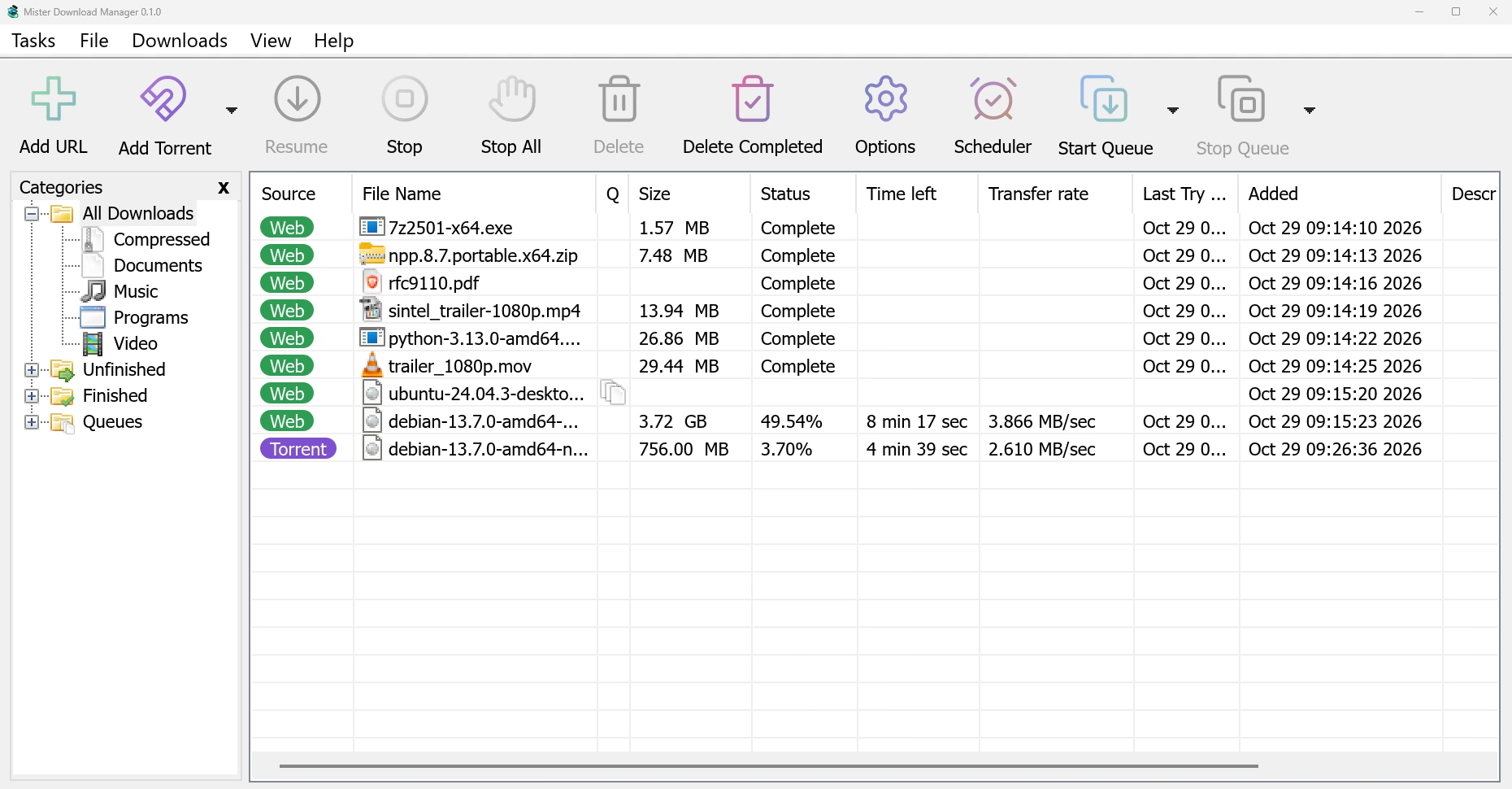 Mister Download Manager's main window in day mode: web and torrent downloads in one list, with categories, sizes, progress, speeds and dates.