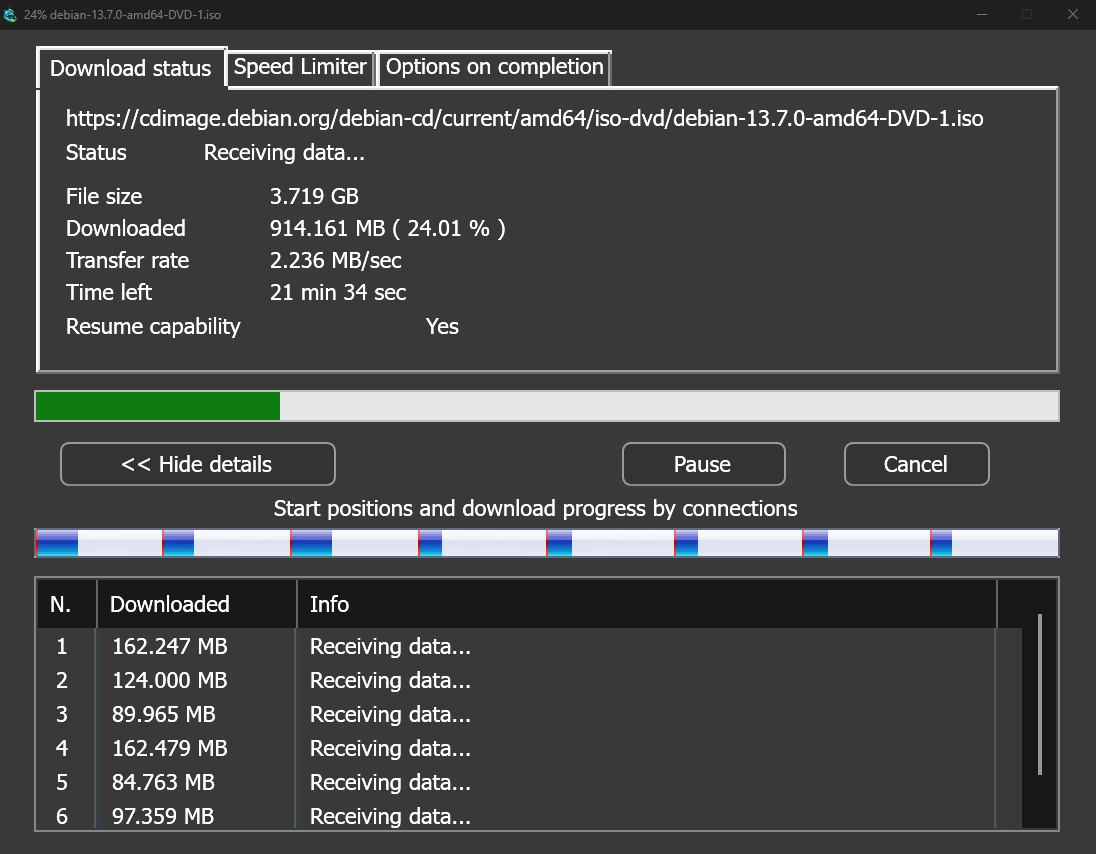 The download progress window: a file at 49 percent over eight connections.