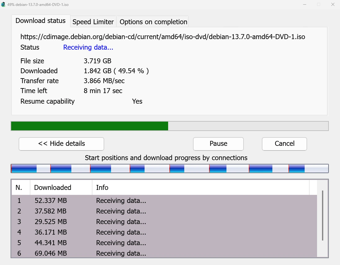 The download progress window: a file at 49 percent over eight connections.