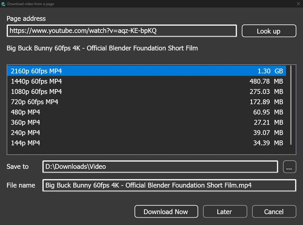 Download video from a page: qualities from 2160p 60fps down, with sizes.
