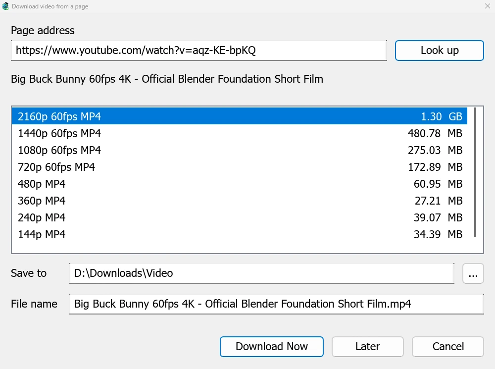 Download video from a page: qualities from 2160p 60fps down, with sizes.
