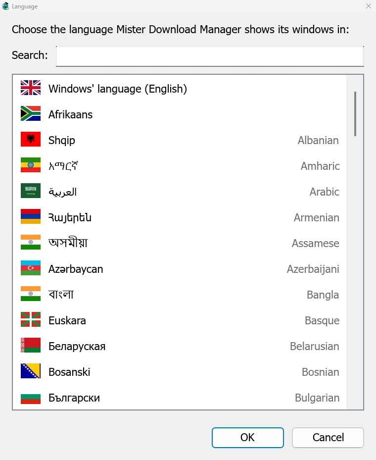 The language picker with a flag for each language.