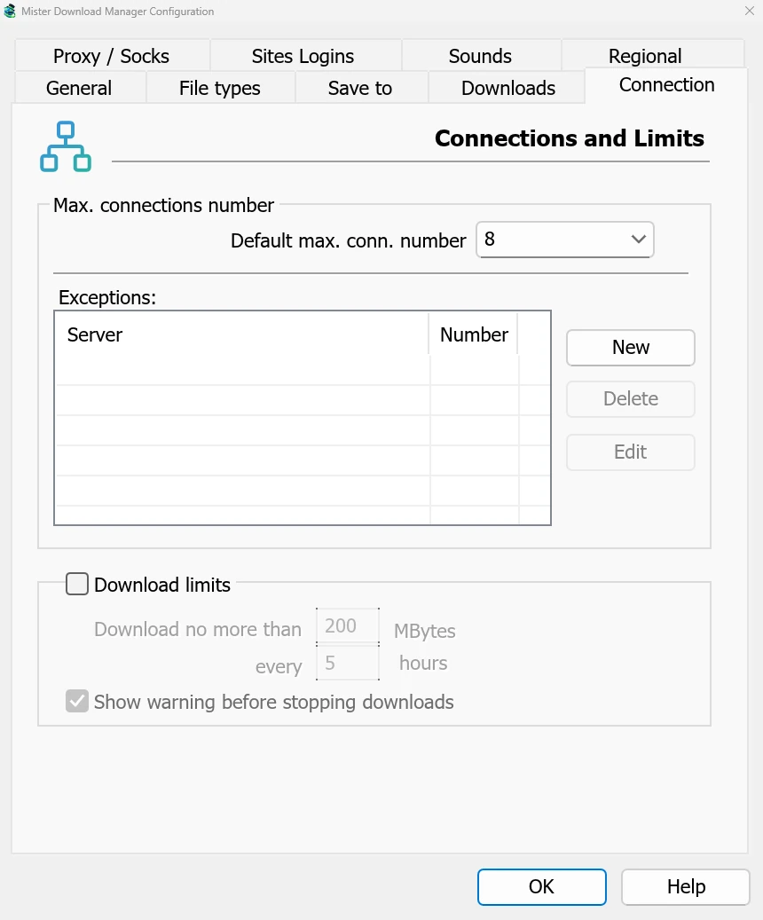 Options, Connection: connections per download and per-server exceptions.